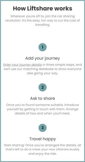 LiftShare screenshot showing three stages: 1 Add your journey, 2 Ask to share, 3 Travel happy