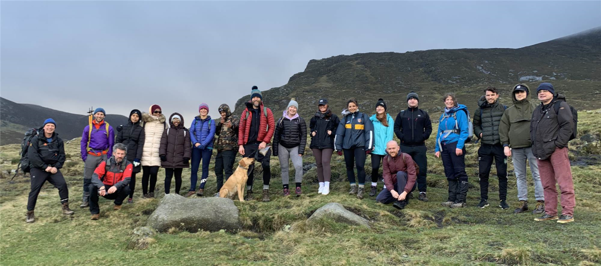 Positive steps outdoors group of walkers